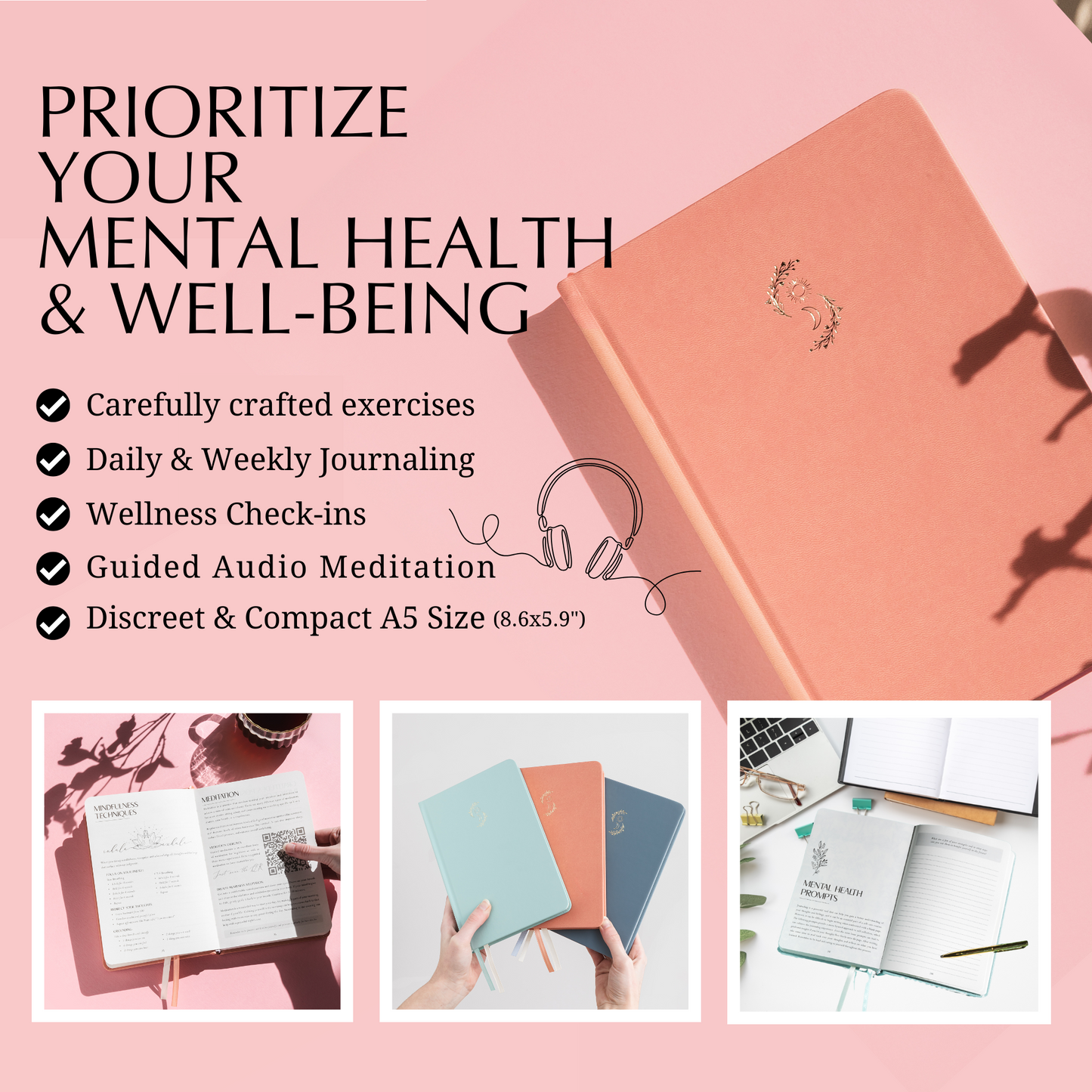 FINDING BALANCE MENTAL HEALTH JOURNAL - 6 Month Peach Hardcover